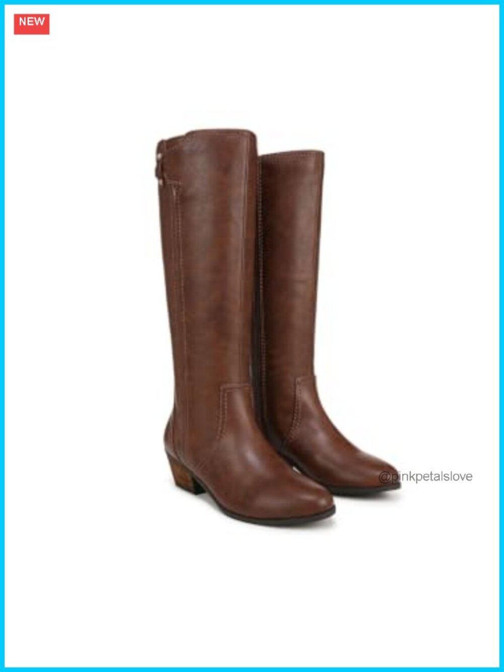 Faux Leather Knee High Riding Boot with Metallic Buckle & Block Heel